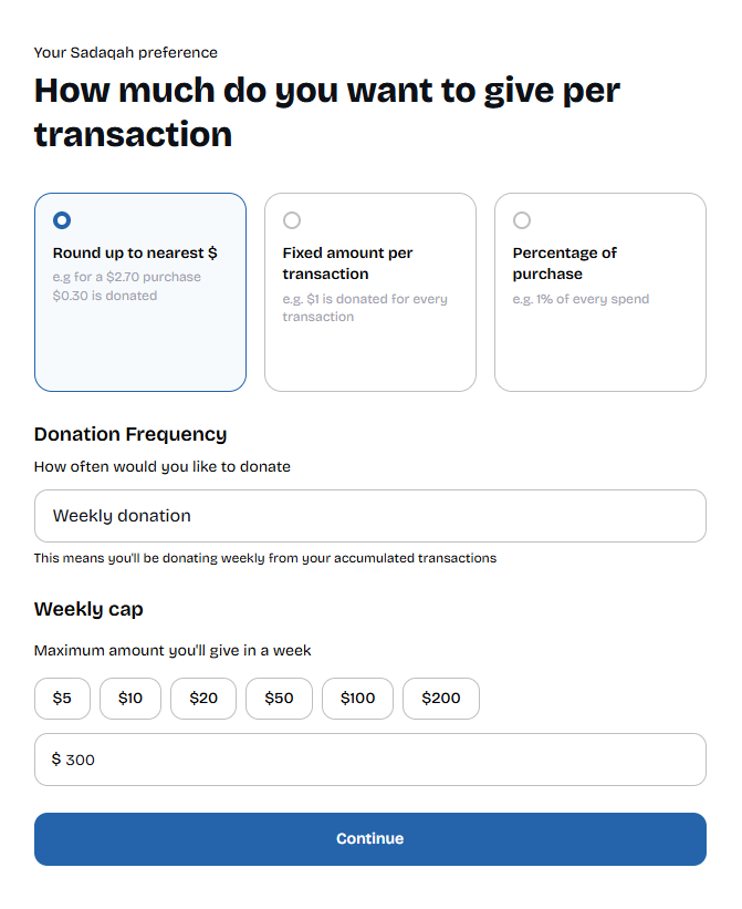 The Sadaqah+ giving preferences screen — round up to the nearest dollar, a fixed amount per transaction, or a percentage of each purchase, with a cap you set.